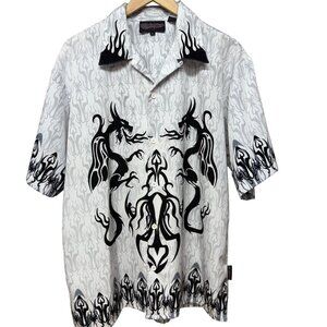 Men’s L Sapphire Lounge Dragon Button-Up Shirt White Black Tribal Flames Fire